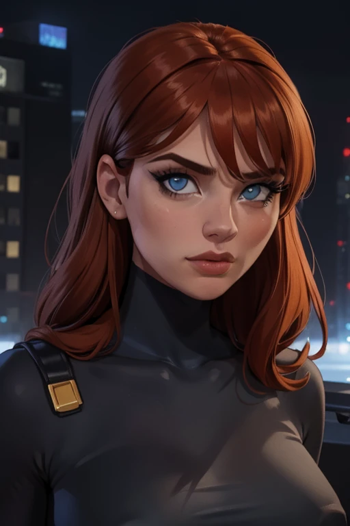 (Hyper-realistic) , (illustratio), (Increase the resolution),(8K), (Most Best Illustration),(extremely detaile), (Beautiful and delicate eyes),(The face is super detailed), (Detailed face), solo,1个Giant Breast Girl, looking at viewert, in the darkness nigth, deep shading, cabelos preto e longos,(((Armed police uniforms:1.8)))red hair, crystal blue eyes