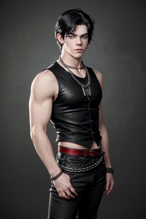 Ross Lynch 30 year old boy dark black hair black vest Steampunk red shirt black eyes red lightning bolt shirt slim athletic muscular build black jean pants with chains black leather belt silver buckle background of New Orleans at night looking straight at the viewer 