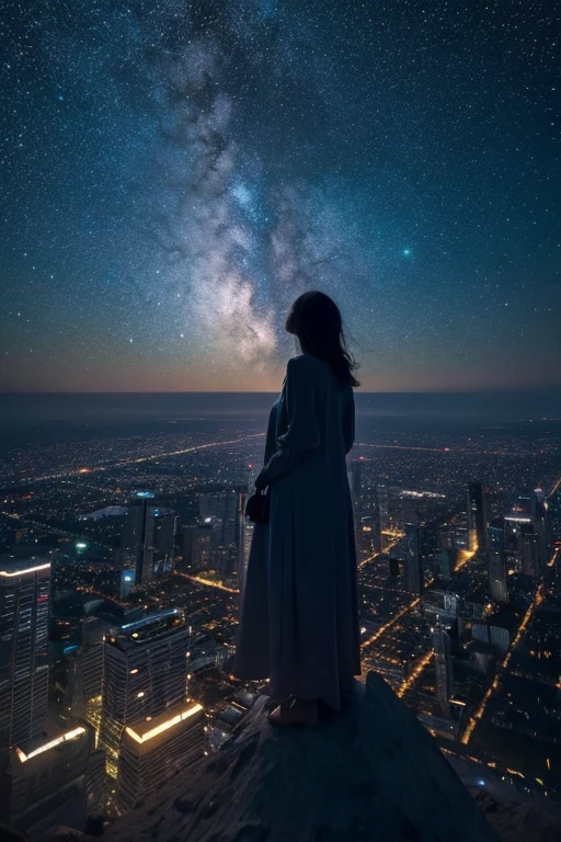 A woman standing on the roof of a skyscraper, looking up from the ground, Rooftop Focus，Enveloped in a vortex of cosmic energy, In a dream, Hazy landscape. The human silhouette is enveloped in fluidity, A shimmering garment that blends into the flow of the heavens, The sky is a tapestry of deep purples and blues, Star-studded, The scenery below is soft, Rolling Skyscraper. This scene is peaceful and sublime, A single way to capture the grand essence of the universe, A contemplative figure standing in awe