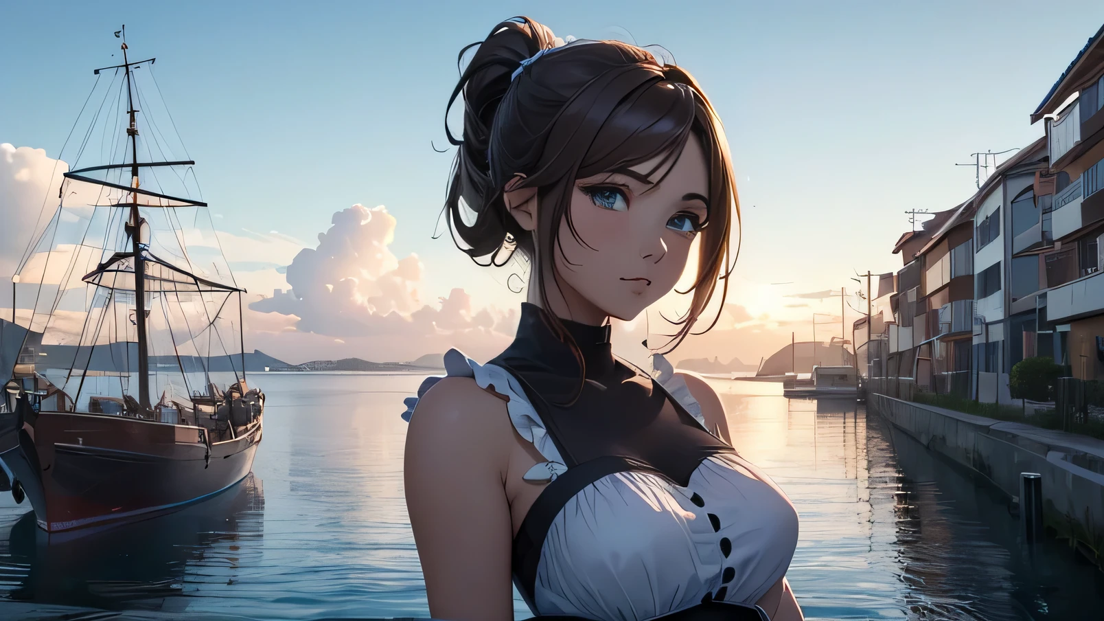 (8k, RAW foto, mejor calidad, (Obra maestra, super high quality, super detailed), anime style paisaje, chica joven, Absoluto, velas escarlatas, girl looking at the sea from the coast, camera looking at the sea, detalles intrincados, sailing ship with velas escarlatas, Una escena de una novela de Alexander Greene. "velas escarlatas" imagen de medio cuerpo, A beautiful women posing for a photograph in an alley, brown ponytail, golpes, risa feliz, blue eyes, Cuerpo magro musculoso, perfect anatomy, Looking to the camera, Time of the day, cielo azul, estilo animado, al aire libre, tendencia en artstation, Oh!, sakimichan muy sensual, con ropa original cuerpo entero, muy realista, extremadamente realista, extremadamente sexy, 8k, 8k extremadamente detallado), (un extremadamente delicado y hermoso), (obra maestra), (mejor calidad: 1.0), (ultra high resolution:1.0)