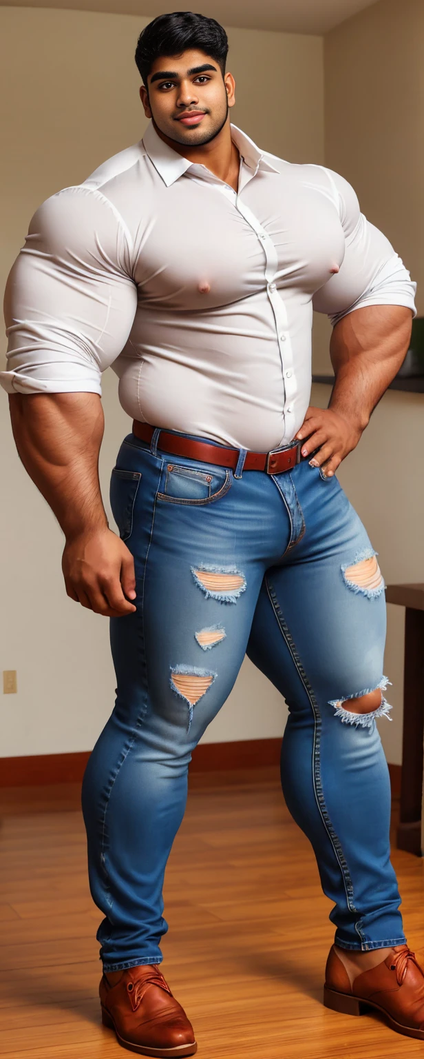 4 meter tall slightly overweight indian man. 21 years old. Young face with goatee chin. Very sexy Posing for camera. Muscular. Wearing a lycra dress shirt and torn jeans. Big ass. Very developed long and thick legs. One person only. Even bigger legs. Long legs. Tattoo. Bigger thicker legs. Stand straight.
