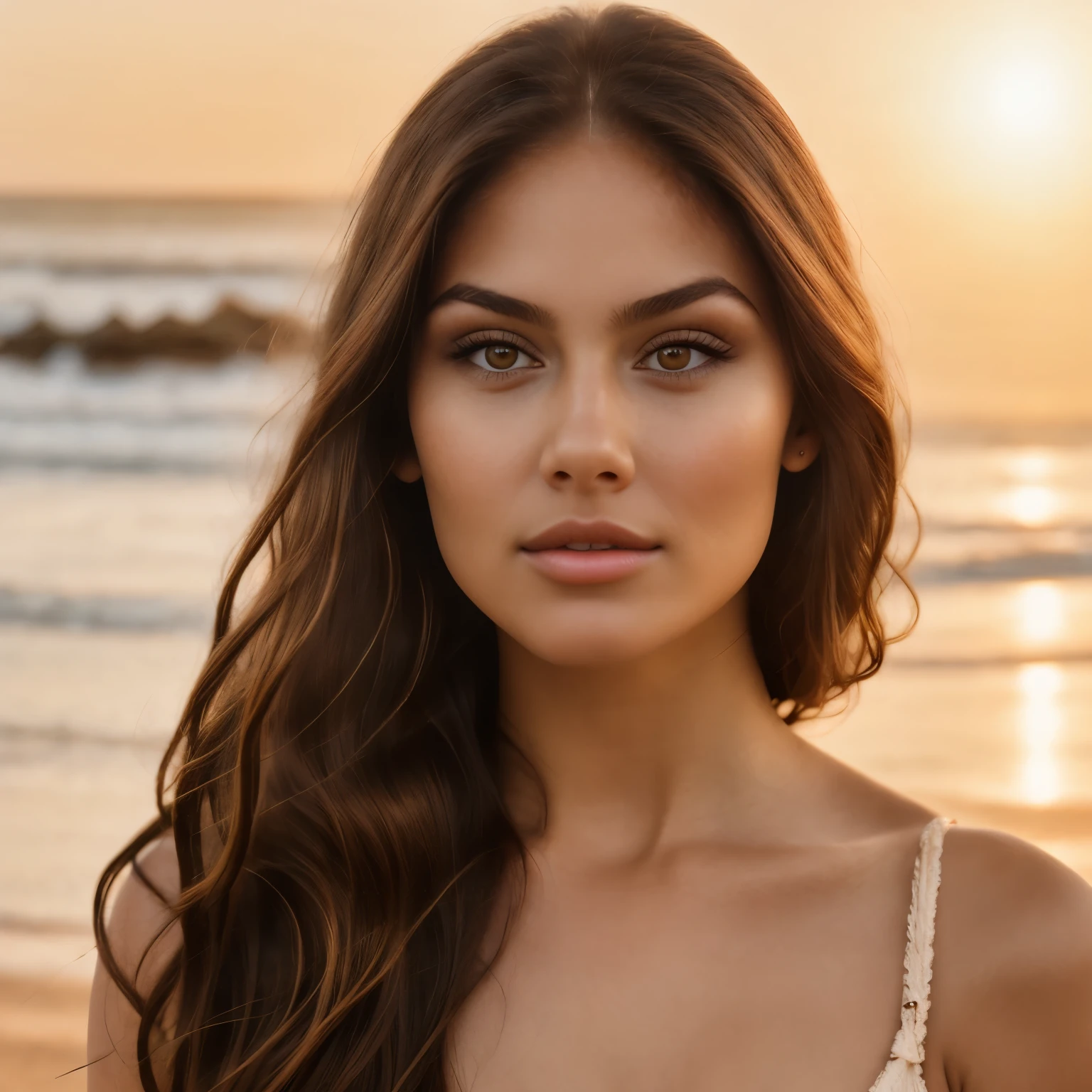 beautiful young woman, with long brown hair, with high cheekbones and a round face shape. She has olive skin tone and hazel eyes. She is on the beach.
