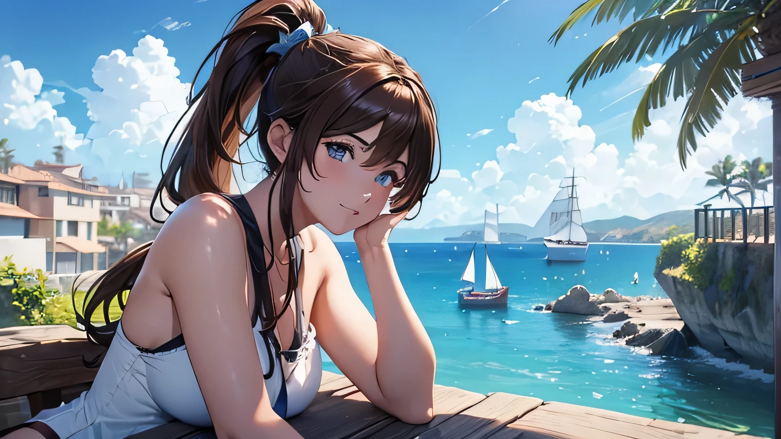 (8k, RAW foto, mejor calidad, (Obra maestra, super high quality, super detailed), anime style paisaje, chica joven, Absoluto, velas escarlatas, girl looking at the sea from the coast, camera looking at the sea, detalles intrincados, sailing ship with velas escarlatas, Una escena de una novela de Alexander Greene. "velas escarlatas" imagen de medio cuerpo, A beautiful women posing for a photograph in an alley, brown ponytail, golpes, risa feliz, blue eyes, Cuerpo magro musculoso, perfect anatomy, Looking to the camera, Time of the day, cielo azul, estilo animado, al aire libre, tendencia en artstation, Oh!, sakimichan muy sensual, con ropa original cuerpo entero, muy realista, extremadamente realista, extremadamente sexy, 8k, 8k extremadamente detallado), (un extremadamente delicado y hermoso), (obra maestra), (mejor calidad: 1.0), (ultra high resolution:1.0)