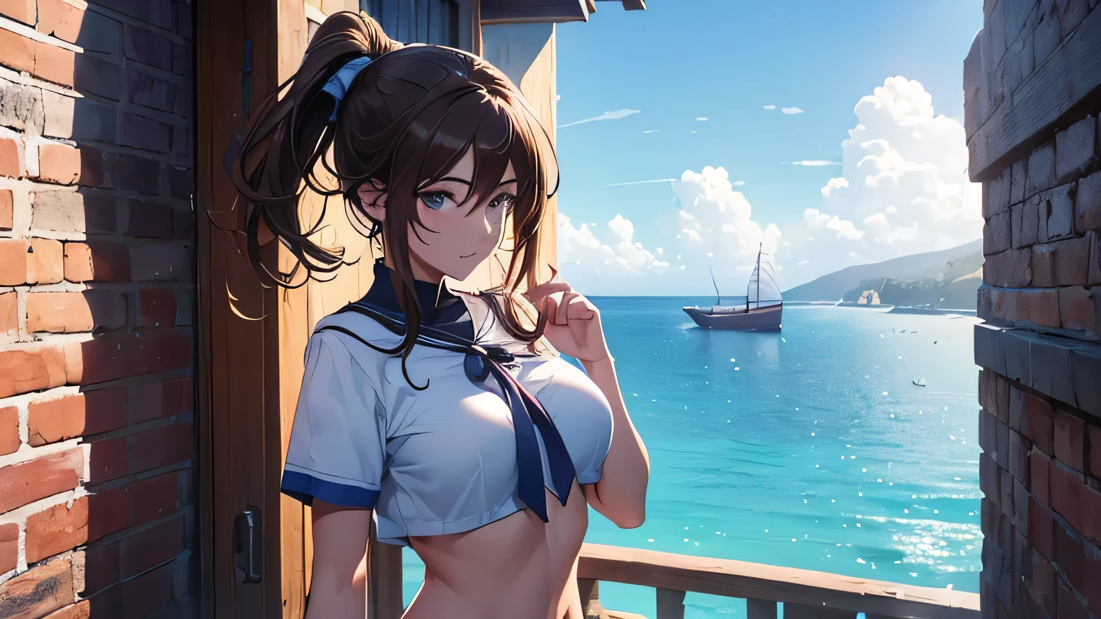 (8k, RAW foto, mejor calidad, (Obra maestra, super high quality, super detailed), anime style paisaje, chica joven, Absoluto, velas escarlatas, girl looking at the sea from the coast, camera looking at the sea, detalles intrincados, sailing ship with velas escarlatas, Una escena de una novela de Alexander Greene. "velas escarlatas" imagen de medio cuerpo, A beautiful women posing for a photograph in an alley, brown ponytail, golpes, risa feliz, blue eyes, Cuerpo magro musculoso, perfect anatomy, Looking to the camera, Time of the day, cielo azul, estilo animado, al aire libre, tendencia en artstation, Oh!, sakimichan muy sensual, con ropa original cuerpo entero, muy realista, extremadamente realista, extremadamente sexy, 8k, 8k extremadamente detallado), (un extremadamente delicado y hermoso), (obra maestra), (mejor calidad: 1.0), (ultra high resolution:1.0)