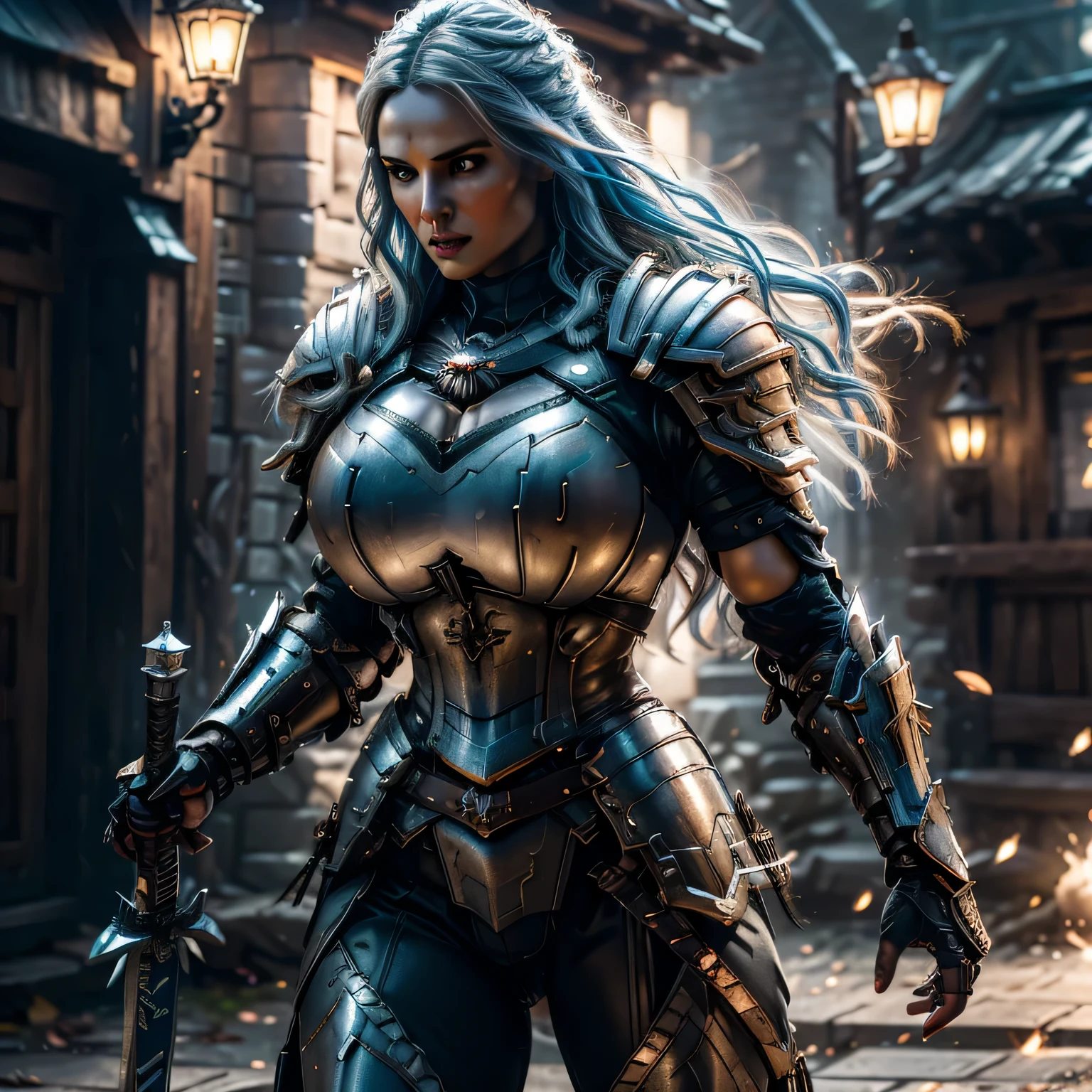 8K,asgard female warrior with very big breasts,Super beautiful(like the real thing),black very large chest armor,realistic skin,luxury black pants,Has a large, long black spear,sexy,muscular slim body,ripped abs,black shoulder armor,black waist armor,black leg armor,desert, rich colors, Backlight, cinematic lighting, film grain, RAW, 50mm lens,nikon　D850,ultra high resolution,Super realistic,goddess,battle scene,action scene,action pose,shine a light on the face, long wavy blue hair, the Witcher, the Witcher armor, yennefer