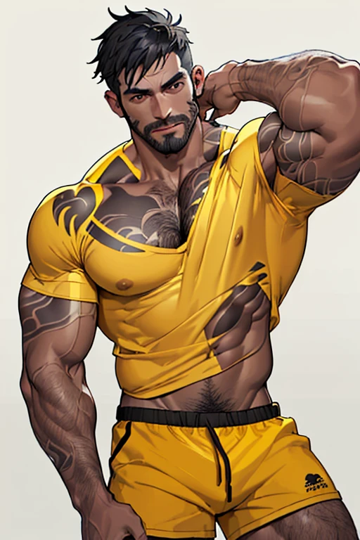 ((muscular man)) ((naked torso)) ((short black shorts)) ((muscular legs)) ((muscular arms)) ((unbuttoned short sleeve shirt)) ((black tattoos on arms)) ((gray skin)) ((muscles)) ((black hair)) ((stubble on the face)) ((hairy body)) ((yellow shirt)) ((yellow sneakers)) ((drawing details)) ((drawing the face)) ((high quality)) ((masterpiece)) ((high-quality detailing)) ((perfect face))