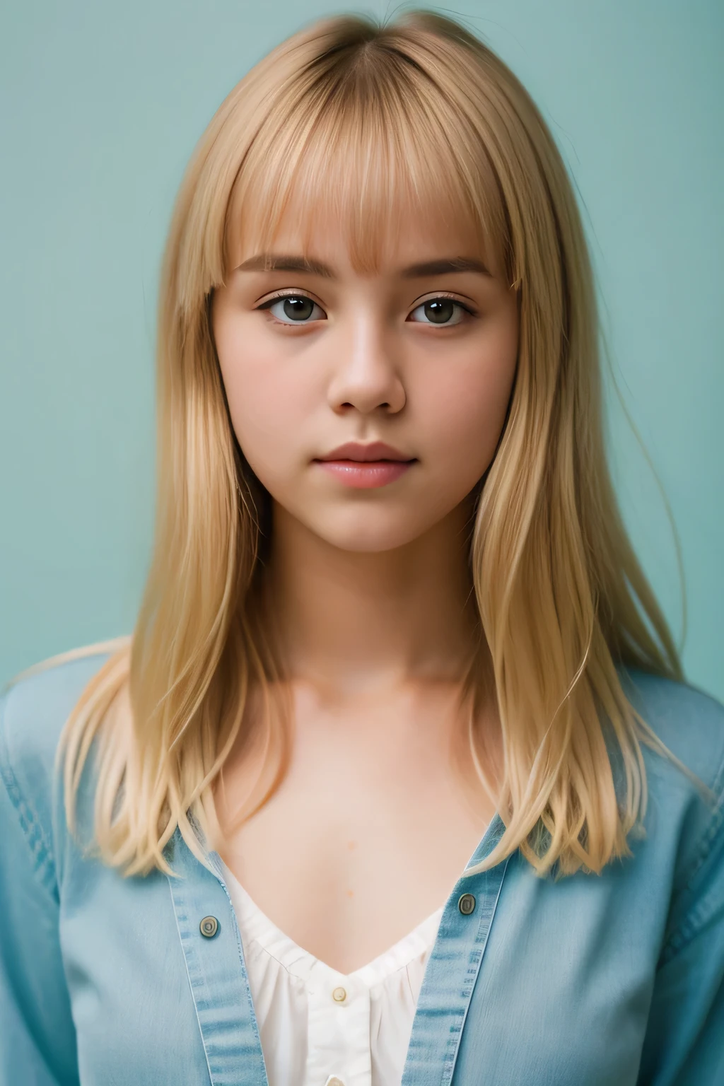 Symmetrical face, fair complexion, aqua eyes, hair over eyes bangs, blonde hair, medium hair, *********** cute girl, alluring, medium format, Hasselblad X2D 100C, extremely detailed, rich colors, bokeh, sharp focus, UHD 8K, raw photo, film grain