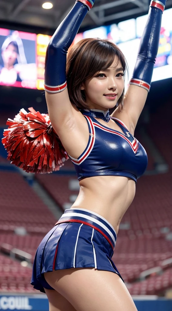 ((Top quality、8k、Photographic Realism:1.4、masterpiece))、Backlighting、Highly detailed female face texture、　A lovely Japanese woman、18 years old、(((Bull cheerleader:1.2)))、((Stadium Background:1.2))、Raise your arms、Angle shot from below、Super fine skin、beautiful makeup、Delicate eyes、a smile、Open your mouth、（Big and round breasts）#100: Glossy Brown Messy Short Hairstyle、Sculpting pose、