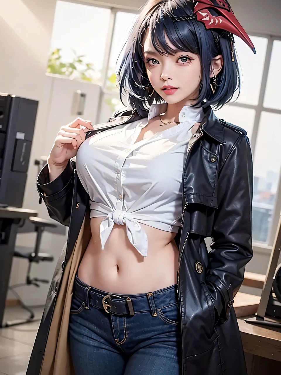 1girl, (long leather trench coat, tied business shirt, skinny long jeans, iron belt, heels, big earrings), ((midriff, navel)), looking at viewer, evil smile, night, standing, (cinematic lighting, best quality, masterpiece, high details, best quality, highres, HD, 4K, 8k, super detail), (kujou sara:1.3), mask on head, blue hair, short hair, yellow eyes, 