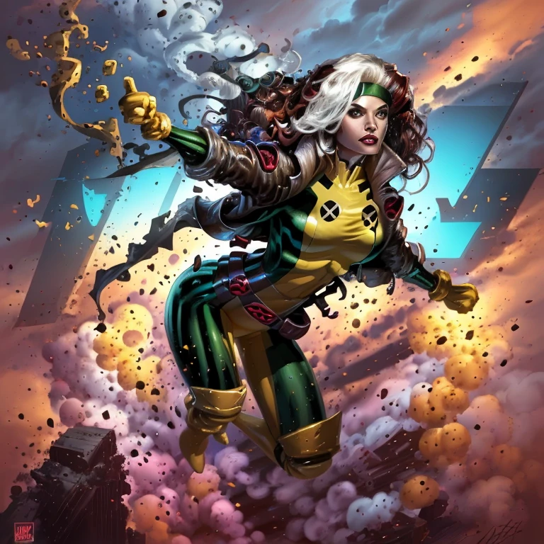 (best quality, highres:1.5), 1 x-men character, rogue, big and complex background, comic book style artwork, created by Feng Zhu, ultra-realistic, detailed textures and shading, dynamic lighting, explosive effects, action-packed scene, comic book panels, vibrant colors, intricate details, strong contrasts, bold lines, comic book font, gritty urban setting, ruins and debris, fire and smoke, energy blasts, destruction, rogue in motion, cape flowing, fierce expression, hair flying, creating chaos, iconic X-men logo in background.