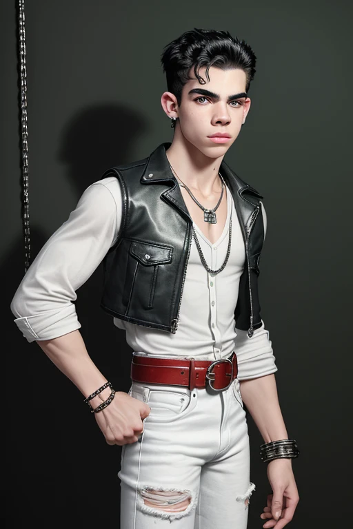 Cameron Boyce 20 year old boy without freckles white hair dark military cut black vest Steampunk white shirt green eyes red shirt wolf print complexion muscular athletic slim blue jeans with chains black leather belt silver buckle background of New Orleans at night looking facing the viewer 