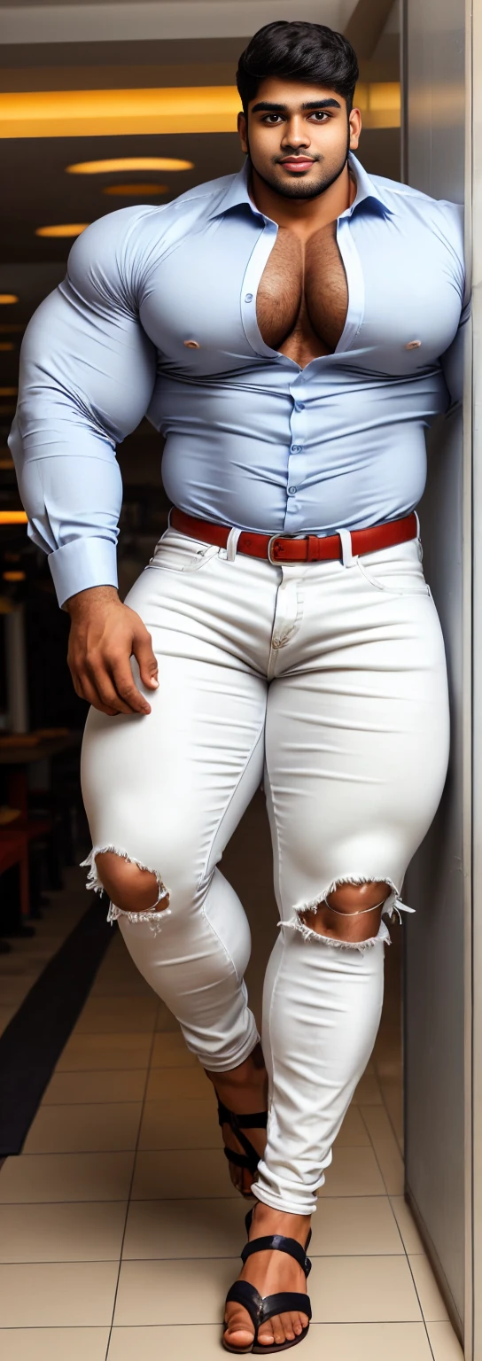4 meter tall slightly overweight indian man. 21 years old. Young mature face with goatee. Very sexy Posing for camera. Muscular. Wearing a lycra dress shirt and torn jeans. Big ass. Very developed long and thick legs. One person only. Even bigger legs.