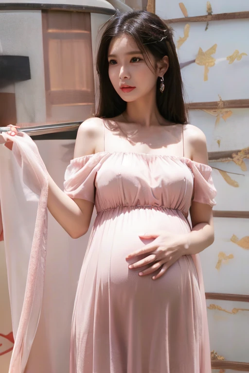 A pregnant woman，pregnant，The belly is very big， pregnant，Pretty Face，slim body，long hair，Wearing an off-shoulder pink transparent dress。