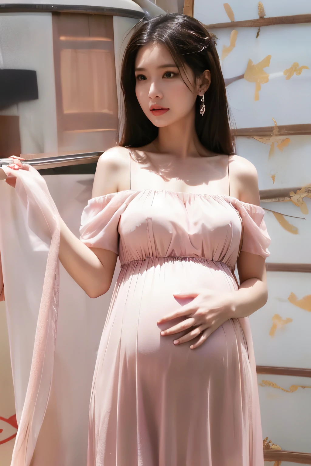 A pregnant woman,pregnant,The belly is very big, pregnant,Pretty Face,slim body,long hair,Wearing an off-shoulder pink transparent dress。