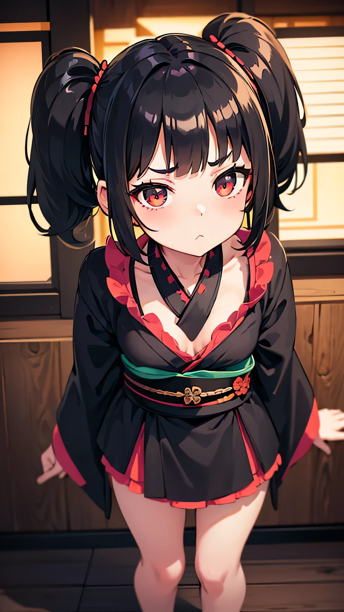 1girl, balck kimono, pov, look at viewer, pigtails, black hair, grumpy, cleavage, detailed, standing, front view, wooden floor, paper walls background, dim light, up to down view, looks up, shortstack