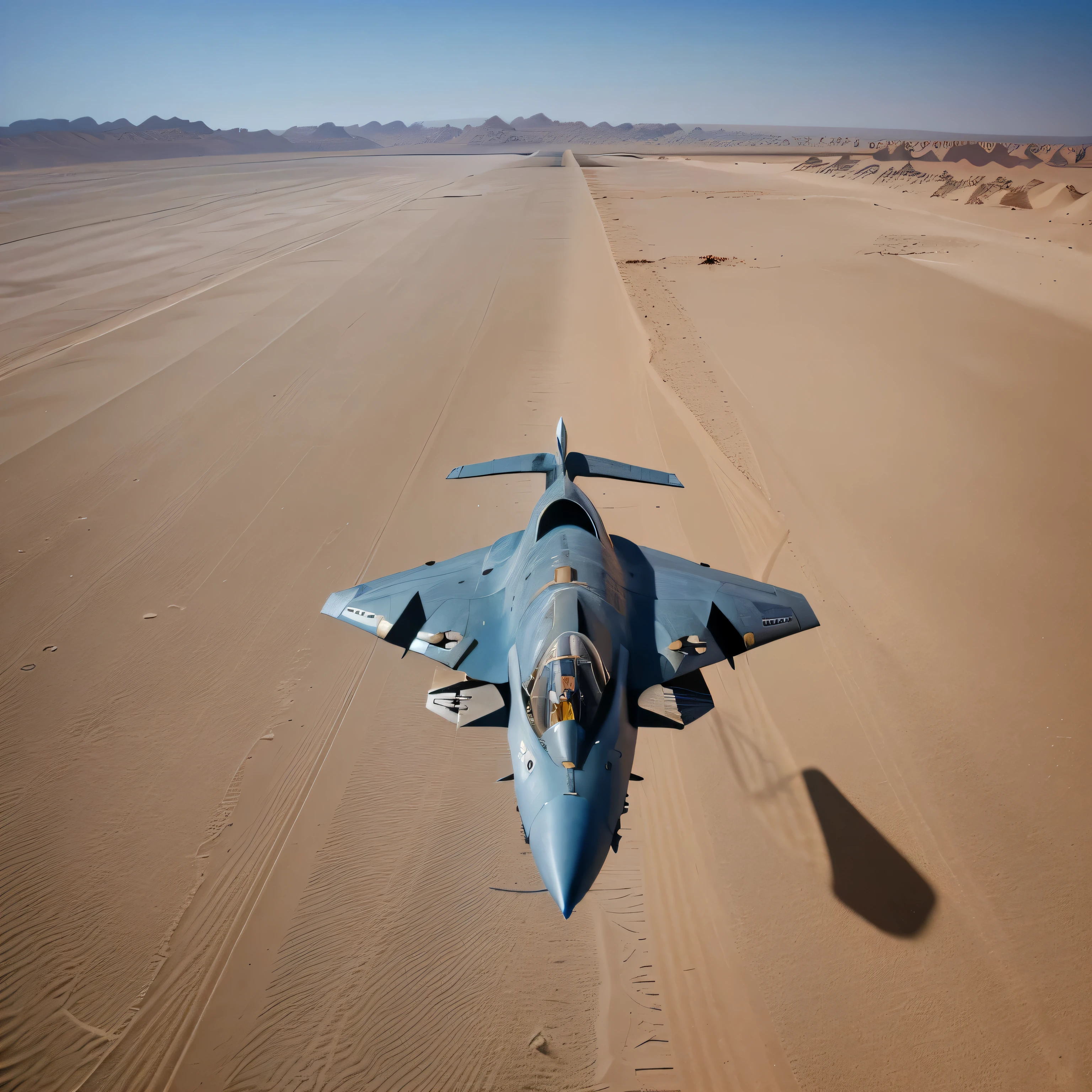 F-86 fighter jet, 357th fighter interceptor squadron, circa 1954, flying over moroccan desert beach where it meets the mediterranean sea, intense blue sky, sunlight reflecting off the jet
