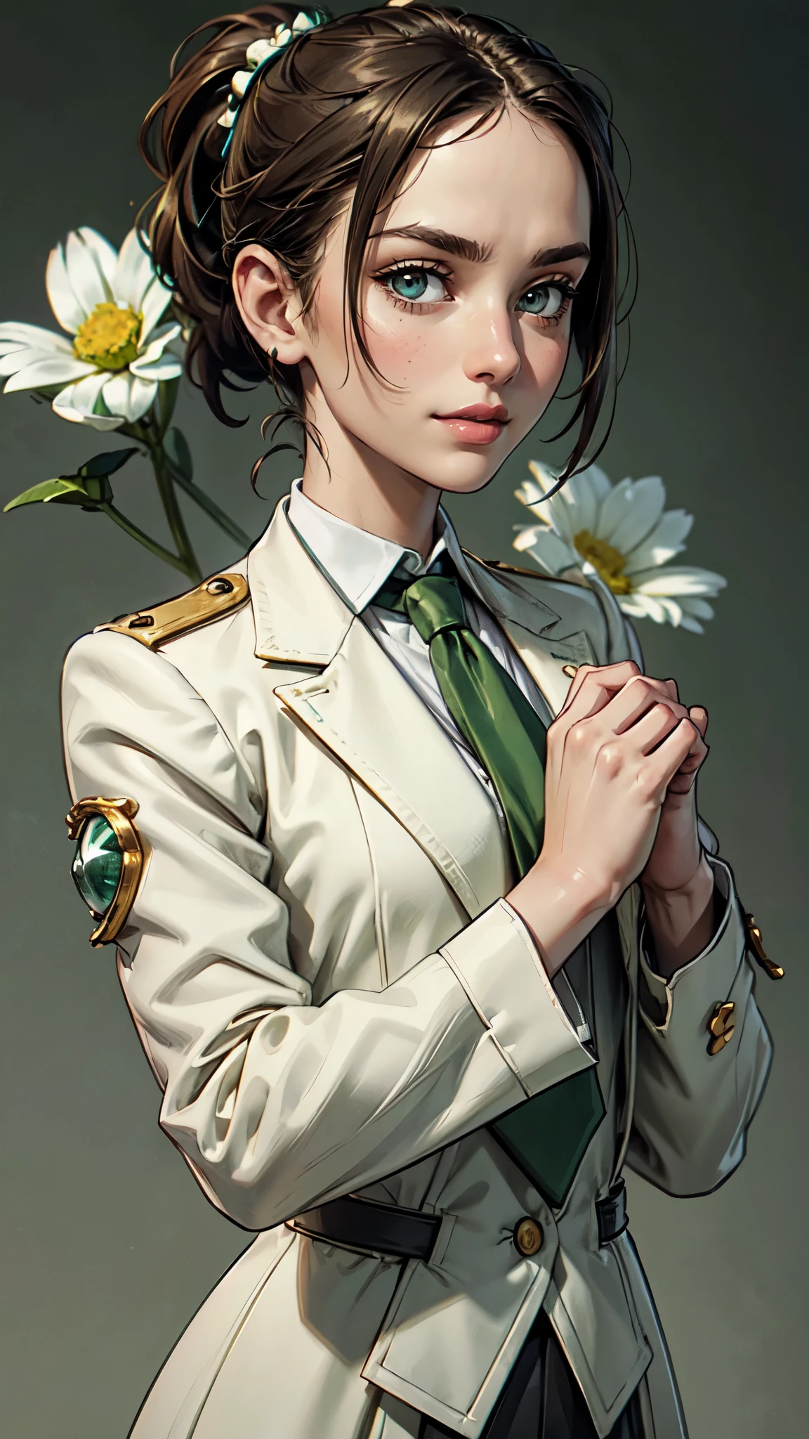 A , brown ponytail, white skin, short girl,detailed face,detailed eyes, green eyes, masterpiece, punk jacket, white shirt, green tie, open shoulders, open sleeves, light smile, flower, quiet, restrained, (concept art), detailed face, detailed eyes detailed hands, full body, detailed Hands
