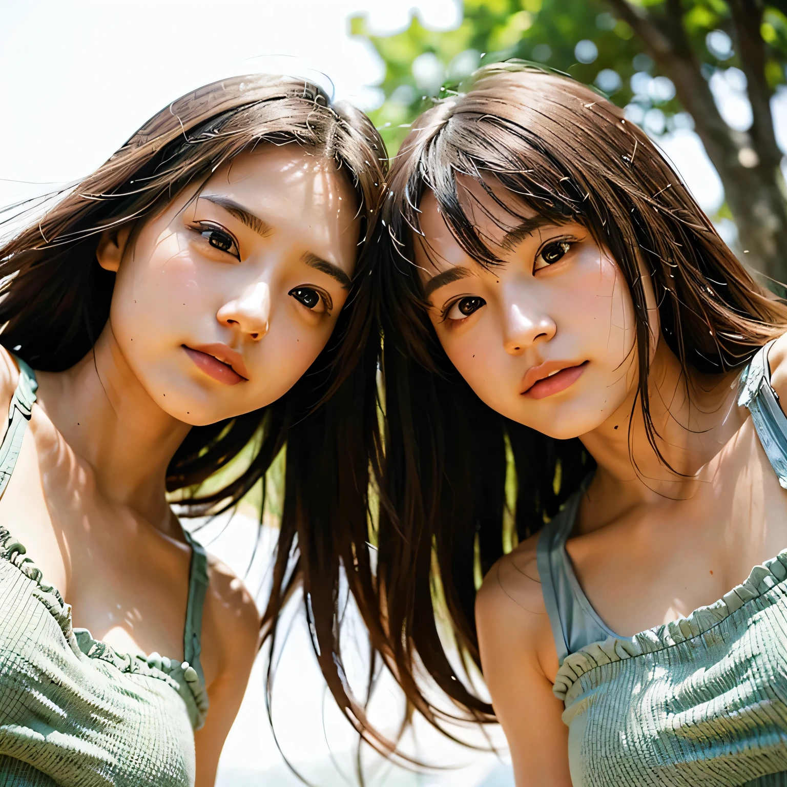 identical twin sisters、(highest quality, High resolution, masterpiece, realistic:1.2),(HDR, Bright colors),2 girls, Japanese, not wearing anything, big , slender and slender body, beautiful face, detailed facial features, pose for a photo,outdoor, professional dynamic lighting, (close:1.3, seen from below), detailed expression, natural pose, green background with fog, cool tone, cozy atmosphere, photon mapping
