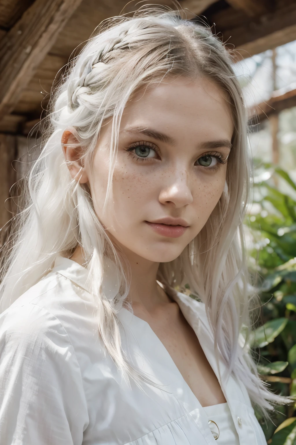 (best quality, masterpiece:1.2), white hair, blue eyes, upper body, gorgeous background, 1 girl, flowing hair, illustrations, ultra-detailed, realistic:1.37, professional, vivid colors, sharp focus, bokeh, portraits, landscape, soft pastel colors, natural lighting