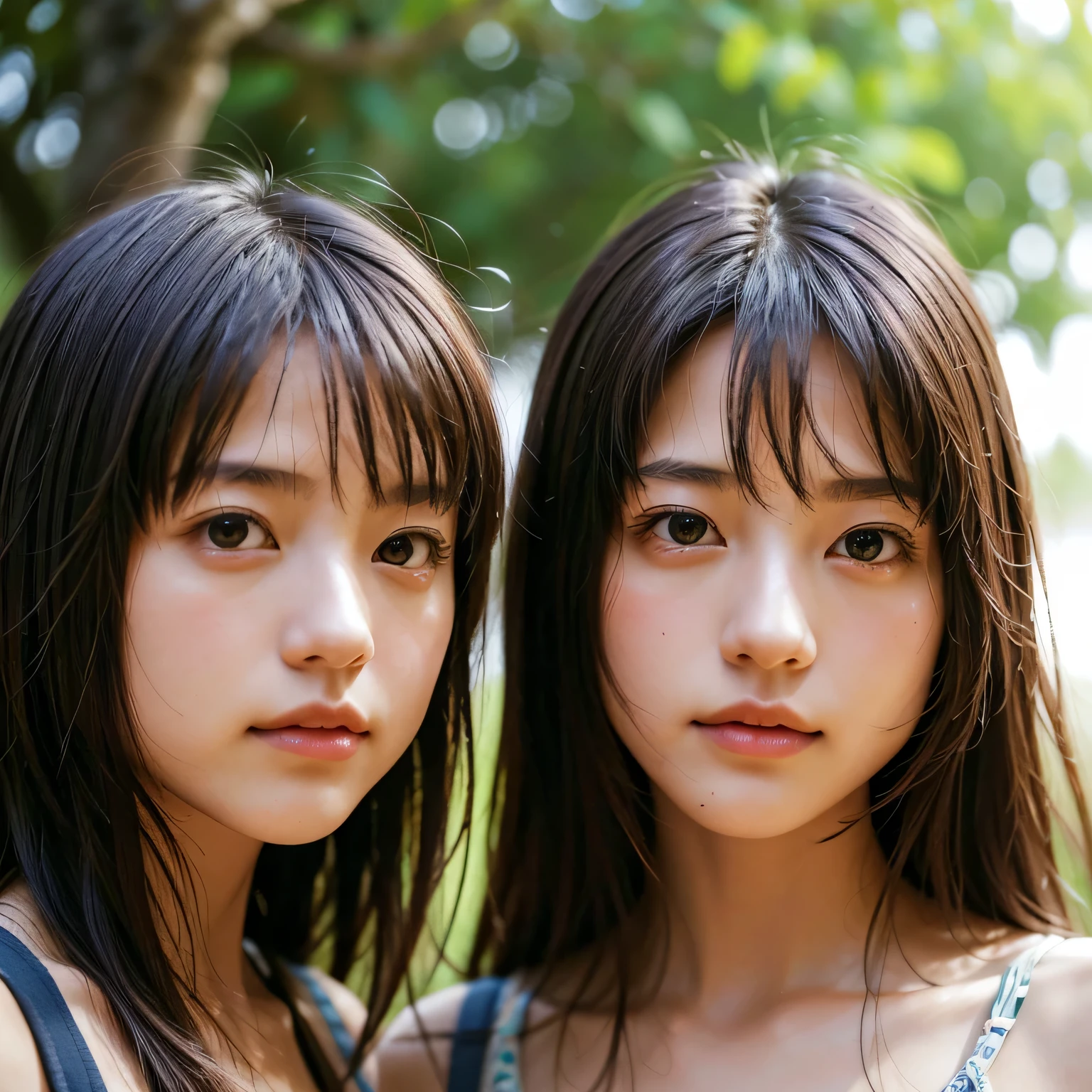 identical twin sisters、(highest quality, High resolution, masterpiece, realistic:1.2),(HDR, Bright colors),2 girls, Japanese, not wearing anything, big , slender and slender body, beautiful face, detailed facial features, pose for a photo,outdoor, professional dynamic lighting, (close:1.3, seen from below), detailed expression, natural pose, green background with fog, cool tone, cozy atmosphere, photon mapping