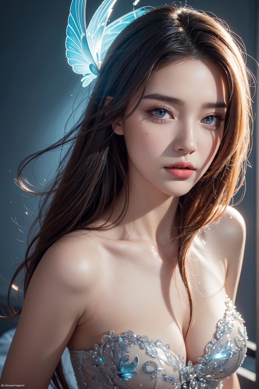 High-quality work，Realistic works，Super premium graphics，8K HD CG works，high quality graphics，High-definition and exquisite CG works，10x pixels，Ultra-fine details：1.1，Advanced technical details：1.1Realistic photo effects，Interior lighting effects：1.5，natural soft light：1.5. Light effect（Virtual light effects：1.8），ultra high resolution，shining dress，sliver long hair，silber hair，transparenthair，high detailed hair（Quality hair details：1.1）Clear eyes，Double eyelids look good，Sharp eye makeup, Create exquisite eyelash makeup, tthin eyebrows, Ultra-detailed eyes，a tall nose, lovely red lips, rosey cheeks, With delicate makeup on her face , pretty face, The face shape is perfectly proportioned,（Advanced facial details：1.1） masterpiece photography nsfw that captures the essence of a dream experienced by an awesome caucasian young woman, perfect beautiful detailed face, realistic skin pores, sharp clear eyes, (nipple slip), sheer revealing dress, enveloped in tendrils of smoke that morph into surreal butterflies around her, In the dream, she finds herself in a fantastical landscape filled with vibrant colors and surreal elements, The atmosphere is dreamy and ethereal, with soft glowing lights illuminating the scene, The young woman is depicted as confident and radiant, surrounded by symbols of her aspirations and inner strength, The overall mood of the image should evoke a sense of wonder, empowerment, and limitless possibilities, complex lighting, rimlight, (wind:1.3), ，Women's artwork，Dress full body video，Realism，Amazing Cleavage，My eyes are very bright today
