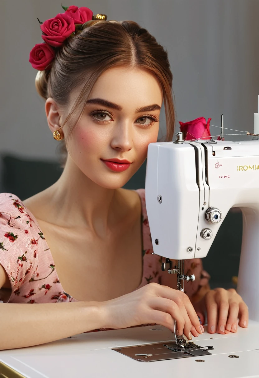 8k resolution , high quality photo, close up at viewer, focus mode , hyper realistic , A beautiful young woman , sewing with sewing machine, Details: Facial features: The woman's face is radiant and youthful, with delicate features and captivating eyes that sparkle with warmth and intelligence. Her hair is long and styled in a messy bun adorned with fresh rose and secured with a gold pin, adding a touch of elegance and whimsy.