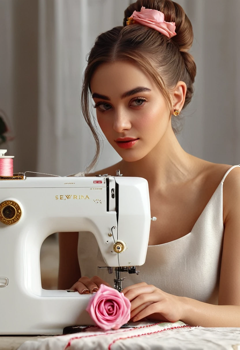 8k resolution , high quality photo, close up at viewer, focus mode , hyper realistic , A beautiful young woman , sewing with sewing machine, Details: Facial features: The woman's face is radiant and youthful, with delicate features and captivating eyes that sparkle with warmth and intelligence. Her hair is long and styled in a messy bun adorned with fresh rose and secured with a gold pin, adding a touch of elegance and whimsy.