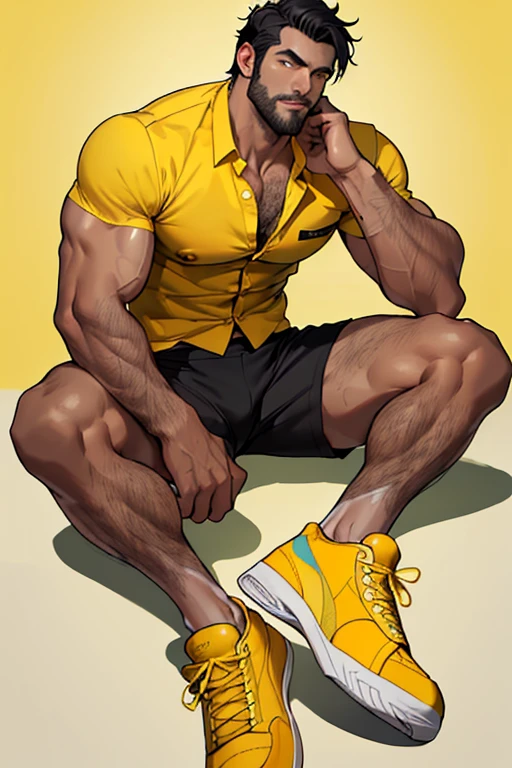 ((muscular man)) ((short black shorts)) ((muscular legs)) ((muscular arms)) ((muscles)) ((black hair)) ((stubble on the face)) ((hairy body)) ((yellow sneakers)) ((drawing details)) ((drawing the face)) ((high quality)) ((masterpiece)) ((high-quality detailing)) ((perfect face)) ((yellow unbuttoned shirt)) 