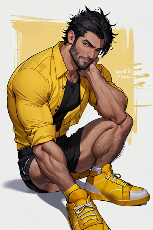 ((muscular man)) ((naked torso)) ((short black shorts)) ((muscular legs)) ((muscular arms)) ((unbuttoned short sleeve shirt)) ((black tattoos on arms)) ((gray skin)) ((muscles)) ((black hair)) ((stubble on the face)) ((hairy body)) ((yellow shirt)) ((yellow sneakers)) ((drawing details)) ((drawing the face)) ((high quality)) ((masterpiece))