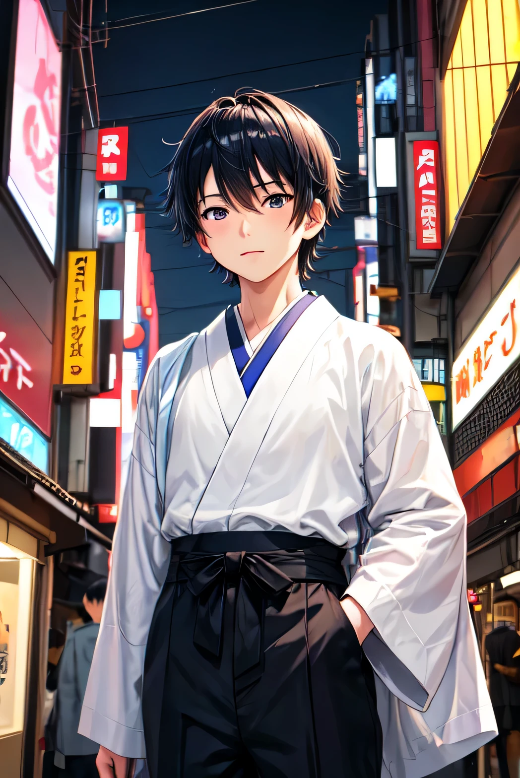 Japanese boy in Tokyo, self-determination and own future anime, luces neon y lluvia