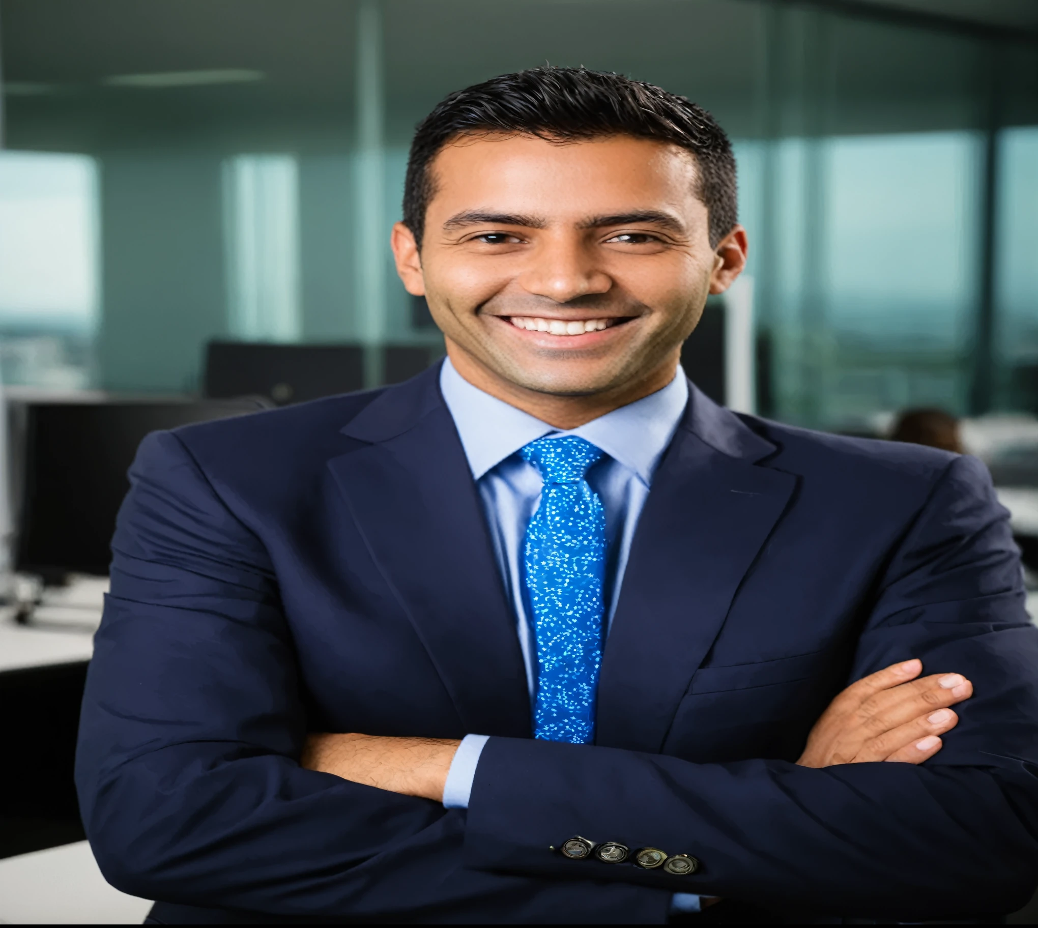 Photo of a corporate employee, office in the background, sorridente, Vestindo um terno, Altamente detalhado, dslr