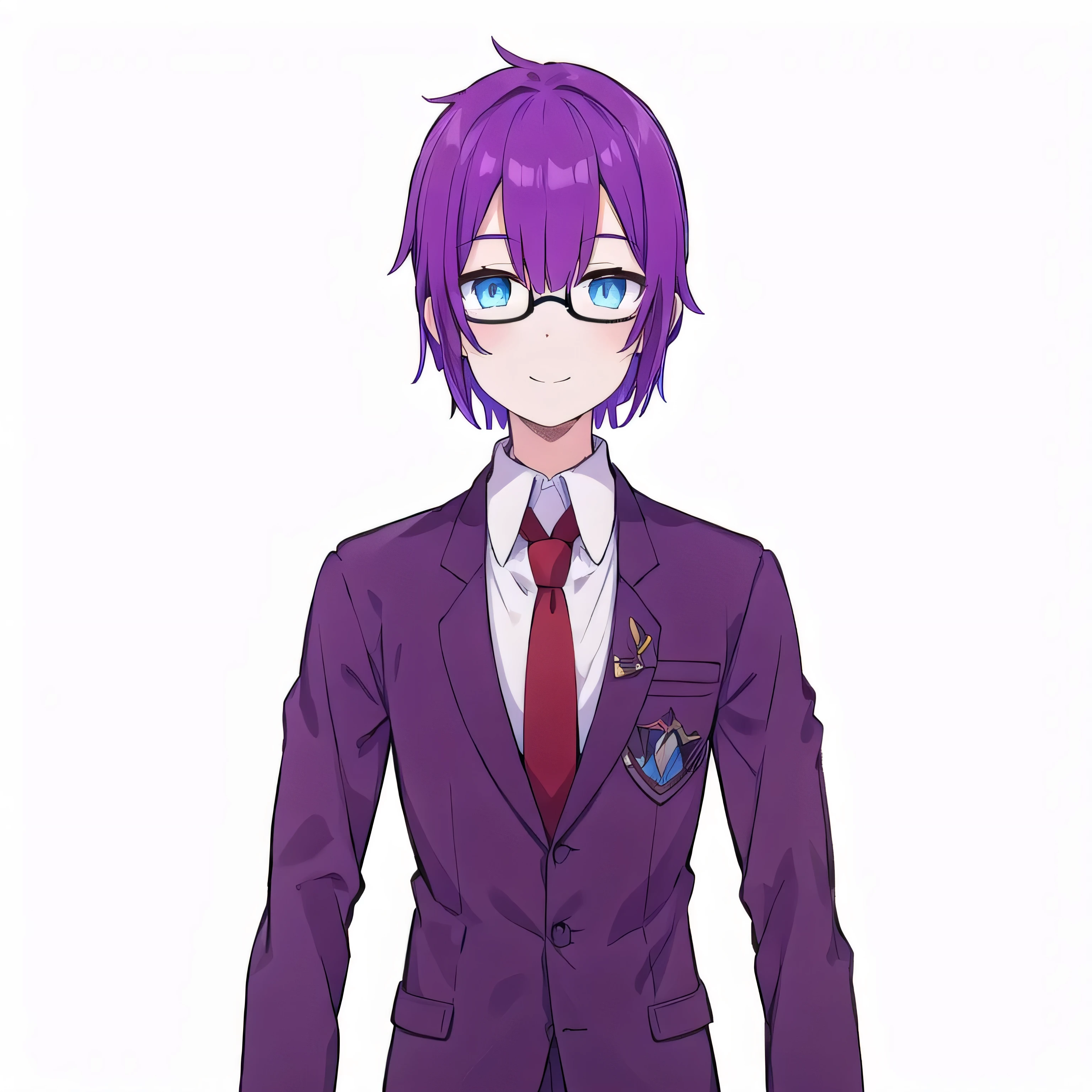 young man with a toned physique. He has deep skin color and clear blue eyes like the blue sky and chin-length purple hair, He wears a  - a jacket and trousers that have the pigmentation of his hair., white shirt, black shoes and red tie, he also wears glasses with black frames, smiling, Nice smile