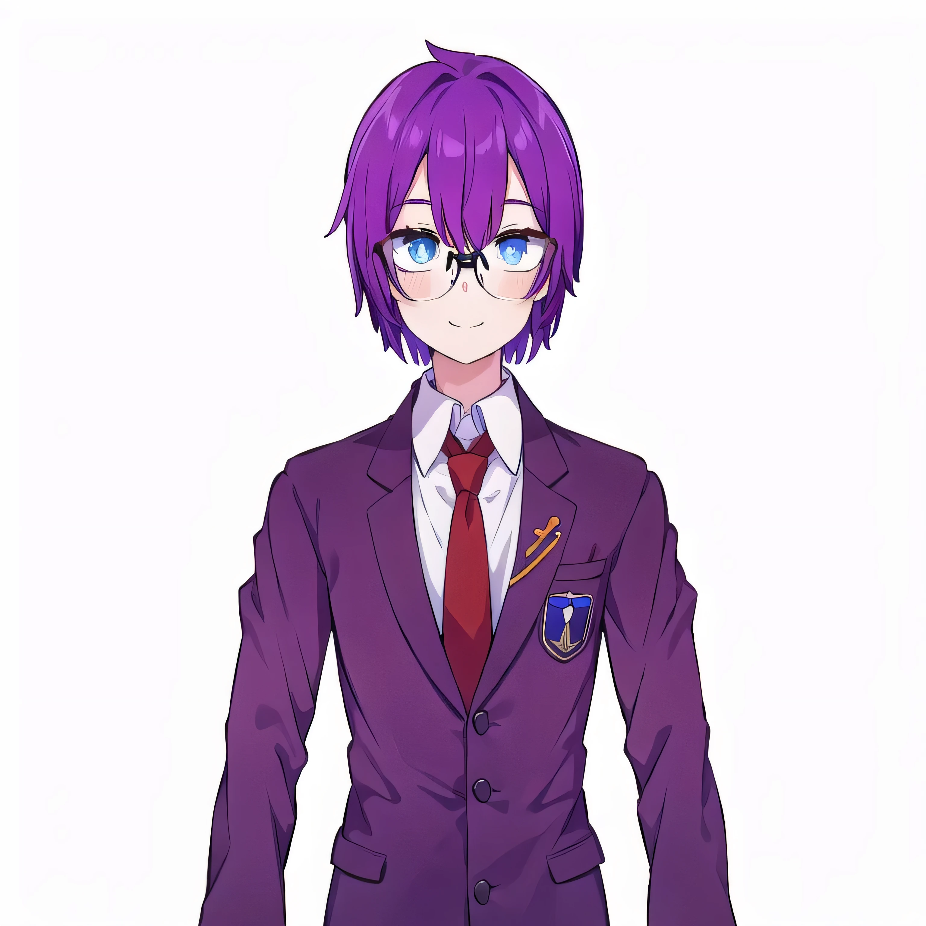 young man with a toned physique. He has deep skin color and clear blue eyes like the blue sky and chin-length purple hair, He wears a - a jacket and trousers that have the pigmentation of his hair., white shirt, black shoes and red tie, he also wears glasses with black frames, smiling, Nice smile