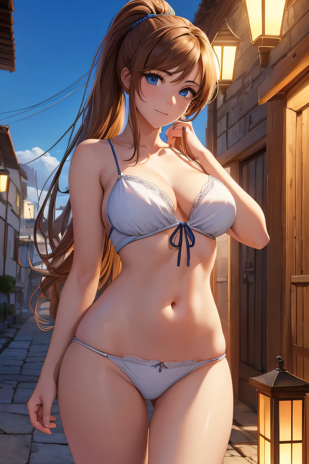 (8k, RAW foto, mejor calidad, (Obra maestra, super high quality, super detailed), anime style paisaje, chica joven, Absoluto, velas escarlatas, girl looking at the sea from the coast, camera looking at the sea, detalles intrincados, sailing ship with velas escarlatas, Una escena de una novela de Alexander Greene. "velas escarlatas" imagen de medio cuerpo, A beautiful women posing for a photograph in an alley, brown ponytail, golpes, risa feliz, blue eyes, Cuerpo magro musculoso, perfect anatomy, Looking to the camera, Time of the day, cielo azul, estilo animado, al aire libre, tendencia en artstation, Oh!, sakimichan muy sensual, con ropa original cuerpo entero, muy realista, extremadamente realista, extremadamente sexy, 8k, 8k extremadamente detallado), (un extremadamente delicado y hermoso), (obra maestra), (mejor calidad: 1.0), (ultra high resolution:1.0)