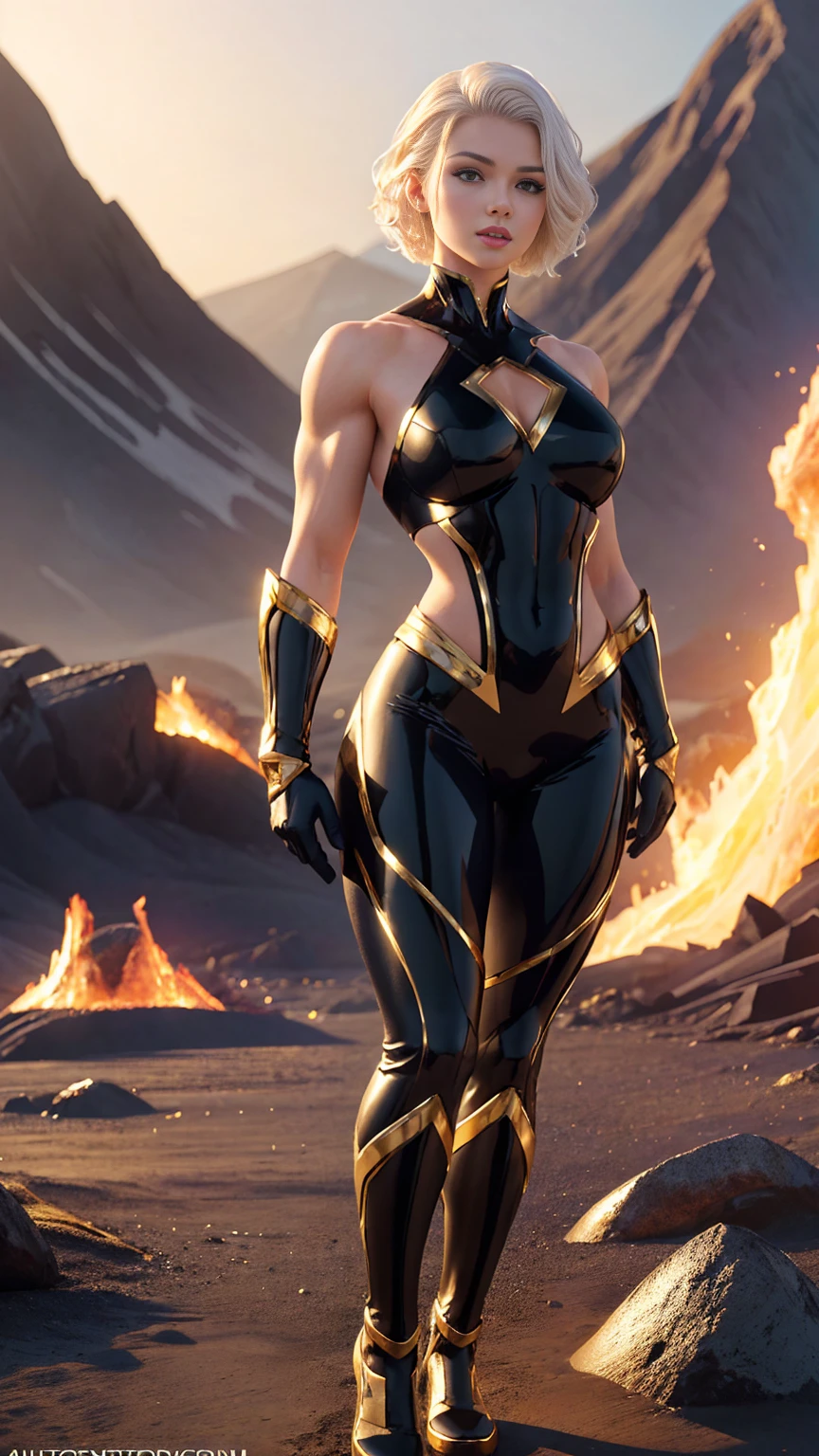 (((full body photo))), ((full body photo, standing, feet on the ground)) (Masterpiece, 4k resolution, ultra-realistic, very detailed) beautiful sexy superheroine, has powers of control the lava of a volcano, short white hair, back belly with blue outlines, has black gloves with gold details, wears tight black pants with gold details, blue lines full body in the style of realism, shiny skin, natural lighting, full lips defined. fitness female body. photographic portraits by artgerm, in realism style, glowing skin, natural lighting, defined full lips. Muscular fitness female body,