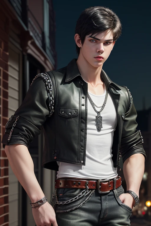  Matthew Knight 20 year old boy without freckles black hair dark military cut black vest Steampunk white shirt green eyes red shirt wolf print muscular build athletic slim blue jeans with chains black leather belt silver buckle background of New Orleans at night looking facing the viewer 