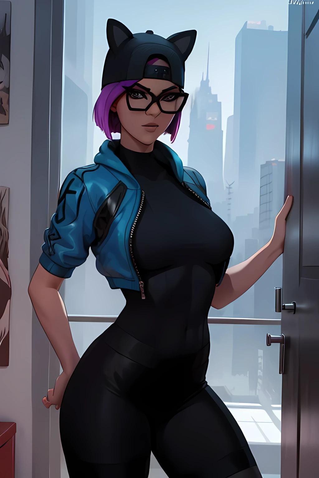 Traje de lino Cyberpunk, Noche, pulsera de picos, gorra , shorts negro con leggins Azul oscuro , chaqueta azul marino ,Extremadamente detallado, rostro detallado, gafas ,hermoso rostro, ojos finos, mirando al espectador, pose femenino.