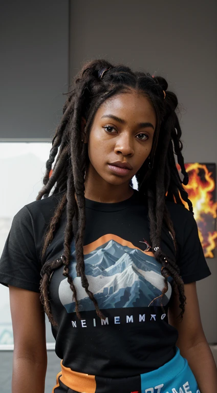 Camiseta vetorial centralizada, isometric, uma jovem, negroid, pele escura, com dreads para cabelo, she's a model, She's wearing a trendy dress, ela tem 20 anos, Her hair is on fogo, her hair is shaking in flames, assim como lina no dota 2, fogo, her hair is pure fogo, she is black, has pele escura, confiante, comandando, Robotic Landscape, 4K, High definition, ultrarealistic, realismo