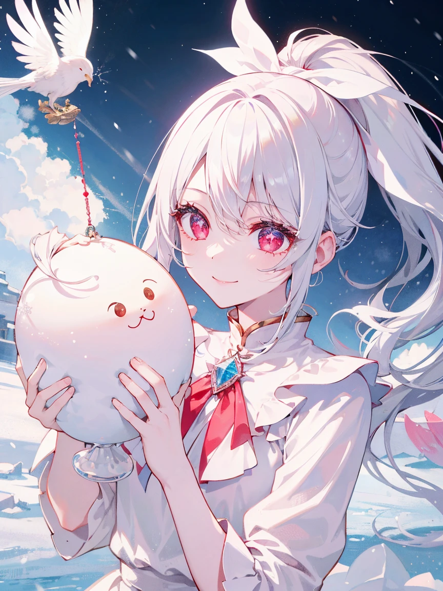 1 girl、White Hair、Red eyes、ponytail、smile、White ****ta、barefoot、White ribbon、pendulum、gem、gemのネックレス、White Feather、snow、ice、winter、Mysterious