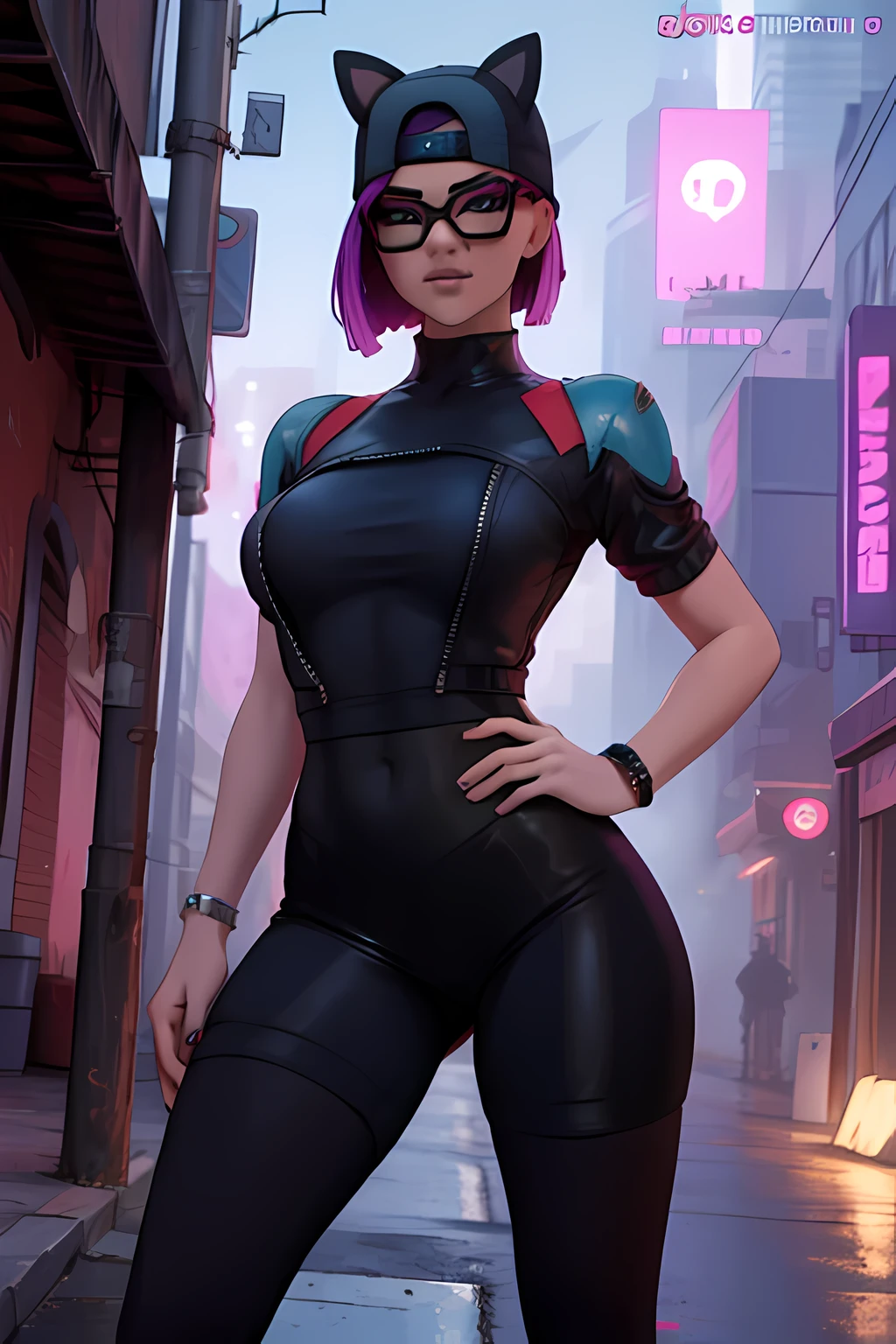 Traje de lino Cyberpunk, Noche, pulsera de picos, gorra , shorts negro con leggins Azul oscuro , chaqueta azul marino ,Extremadamente detallado, rostro detallado, gafas ,hermoso rostro, ojos finos, mirando al espectador, pose femenino.