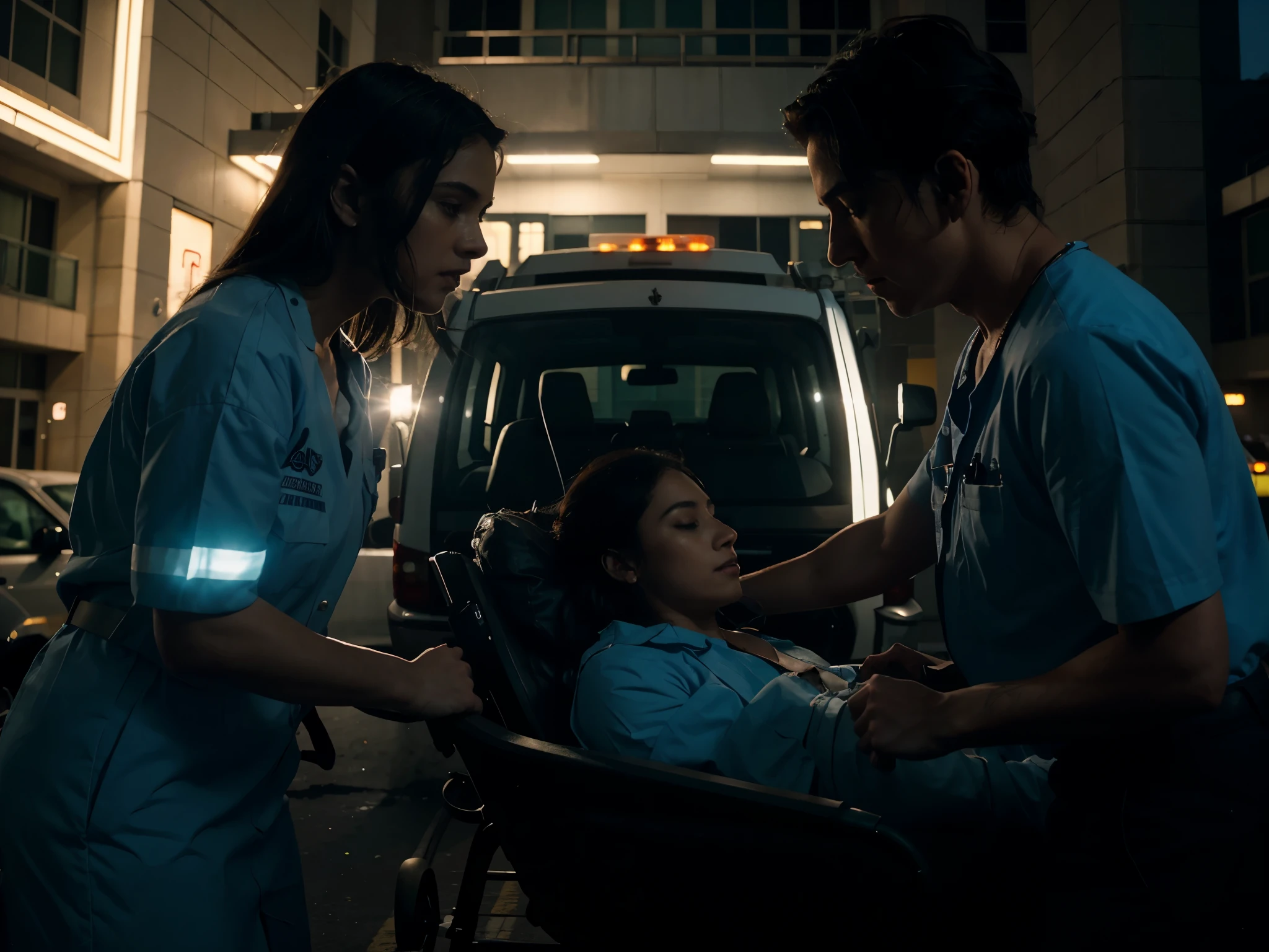 
there is an ambulance parked in front of a building with a sign, hospital in the background, hospital, medical complex, at night, ambulance stopped, team removing patient on a stretcher, entering the hospital. all uniformed with the hospital logo, ambulance with the Hospital logo. Dark and light blue colors dominating the image with the contrast of the orange-red lights of the cyrene., chiaroscuro,  [claro/escuro]
cinematic lighting, [cinematic lighting]
glowing light [luz brilhante]
