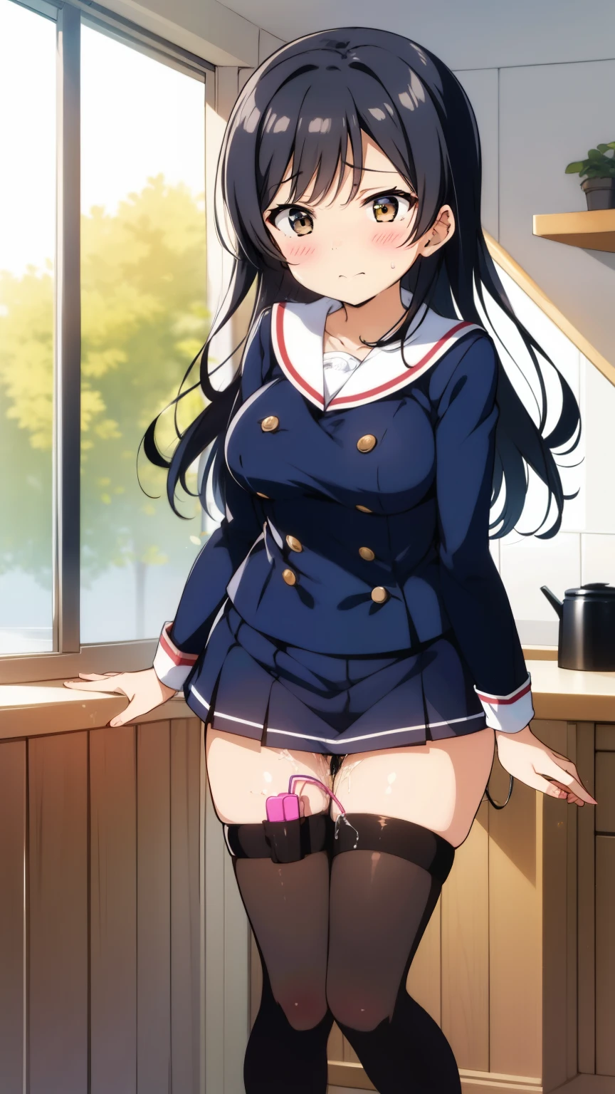 2 girls, by 2 person, Girl's brown eyes, Black Hair, Medium Long Hair, Inner Roll、(navy blue sailor suit:1.4),Indoors, Cafe、Very large breasts、Publish one'Chest、裸Chest、blush、Embarrassing、Scary face、I'm worried、Confused face、A face that feels、Pleasant face、a large amount of breast milk comes out of the nipples,、Breast milk gushes from the nipple、Very short skirt、Micro Mini Skirt、female shape'Private parts are clearly visible、take off pants、Half-off pants、Black Pantyhose、vibrator in thighhighs、Jump、Undressing panties