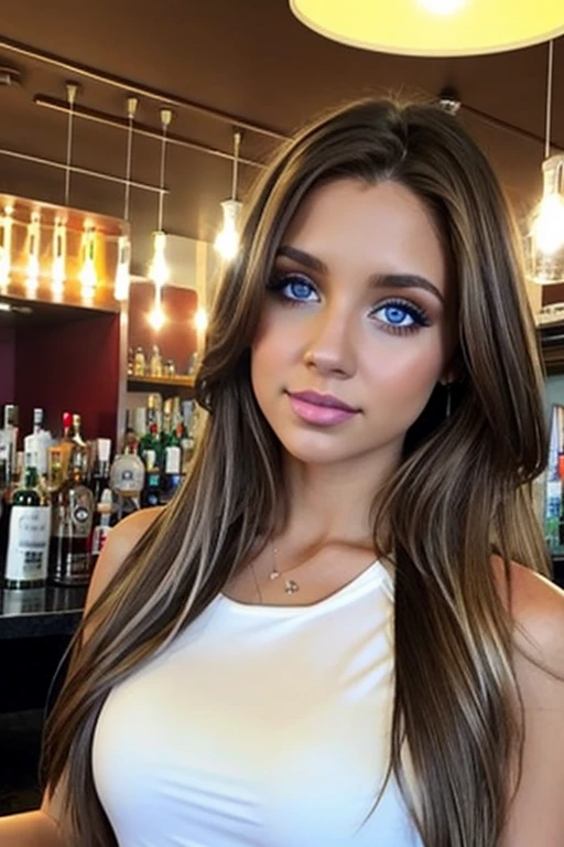 Una chica muy sexy, long light brown hair, ojos azul claro, que esta con un vestido color blanco sexy y esta en un pub con unos amigos ,muy real .De cuerpo entero y muy realista ,ella esta mirando el celular