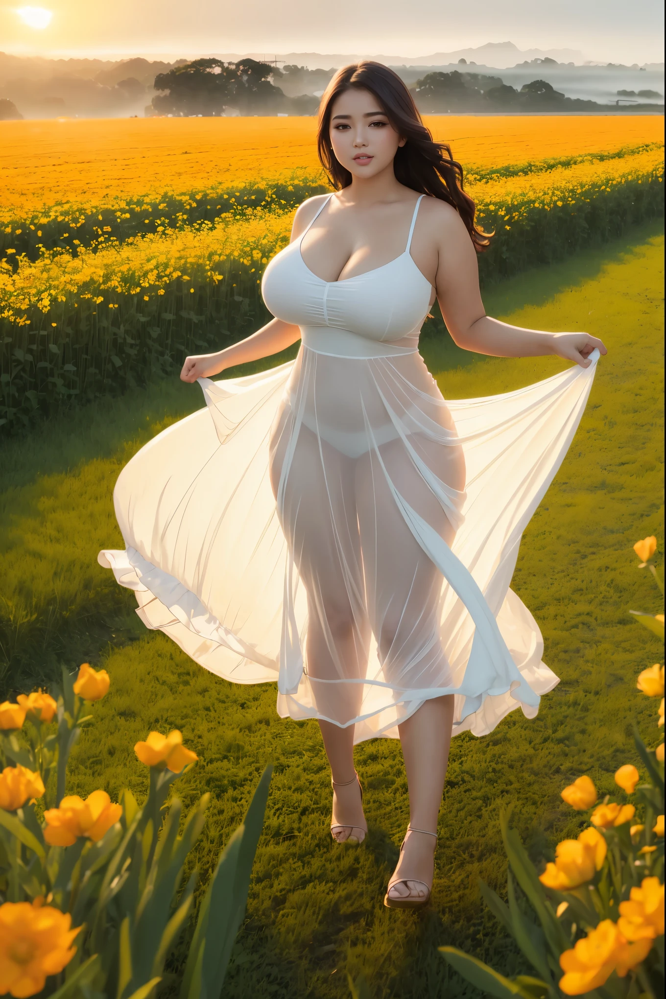 Spring in the misty fields. Erotic, voluptuous, curvy woman. Hana haruna. body measurement of 100-70-90! beautiful chubby face, round face, long hair, cascading, flower. Her wide heart-shaped lips curl up, light smile. Beautiful seductive eyes. She wears a flowing transparent summer dress. Prancing in the fields. Masterpiece, warm orange Lighting, Cinematic shot. Taniaayusiregar.