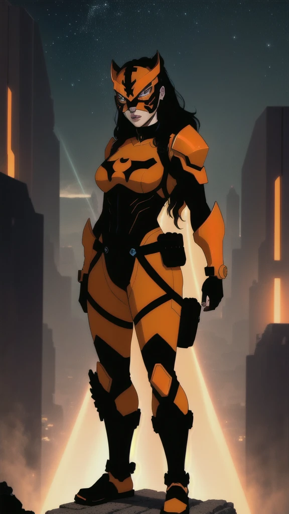 (cowboy shot), sfw,  (masterpiece), (best quality:1.0), (ultra highres:1.0), detailed eyes
BREAK
ArtemisYJ, 1girl, black hair, (stylized tiger mask)
big bulky futuristic armor, glowing armor, lasers, orange and black armor
BREAK
(city, futuristic, nighttime, outdoors, gorgeous view)