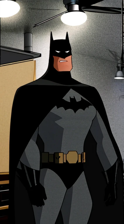 1 man, solo, Ben Affleck as Batman, tall, hunk, muscular, bulk, wide shoulder, photorealism, dark dirty grey suit, dark grey arms, ((no mask)), mask off, black hair, black gloves, best quality, masterpiece, high resolution:1.2, black cape, high detailed mask, high detailed suit, high detailed face, award winning, night time, a dark cave in the background, indoors