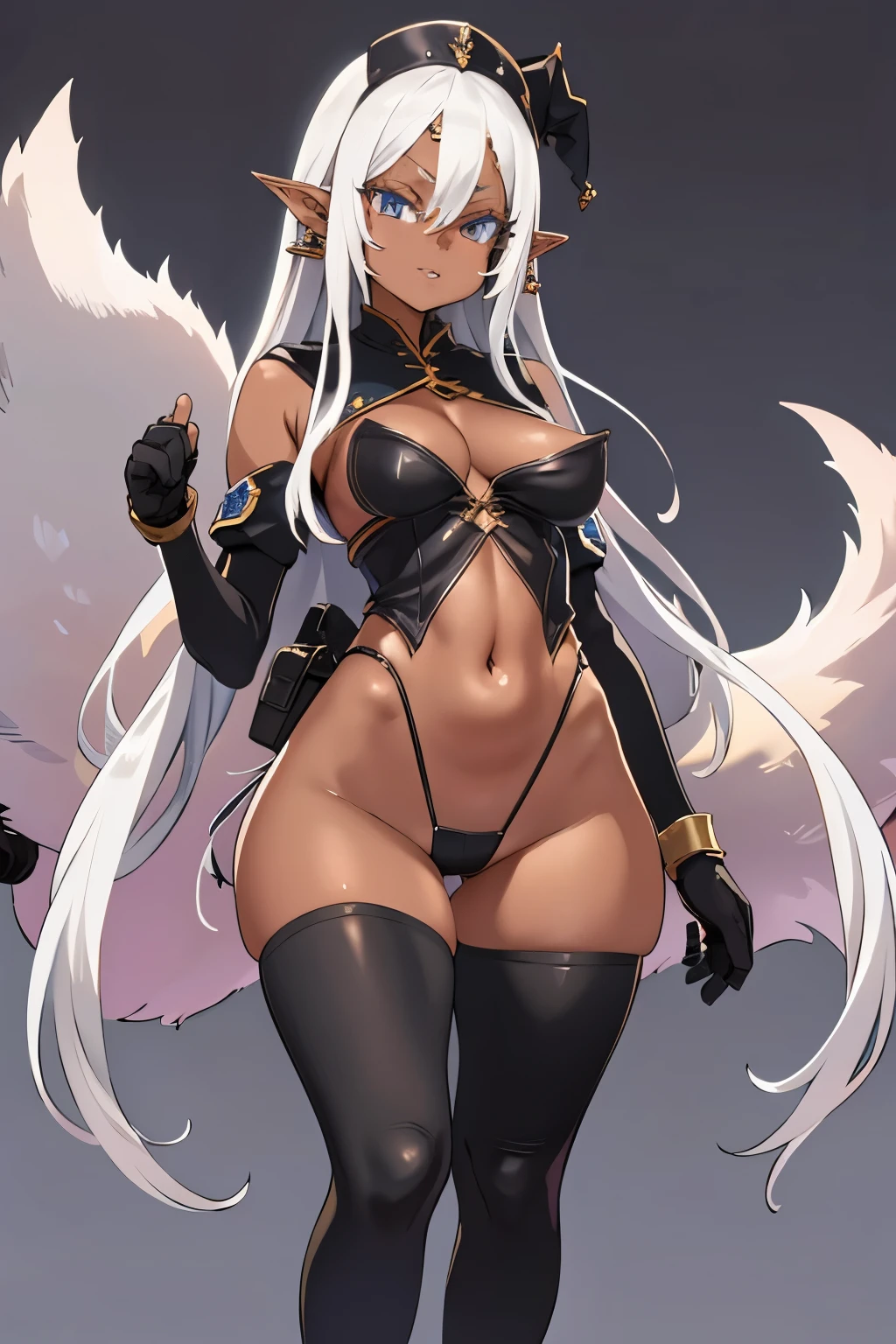 {anime girl} with straight long white hair, she has {{dark skin}}, she has pointy elf years and golden eyes, she has a curvy body with big breast and a big butt, she is wearing a very {skimpy fantasy outfit} that shows most of her skin, she is exposing her thighs, cleavage and midriff. she is not wearing any hat, her clothes cover her arms and legs, she is wearing fingerless gloves, all of her clothes is skintight