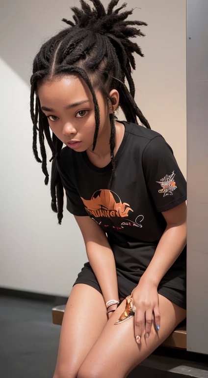 Camiseta vetorial centralizada, isometric, uma jovem, negroid, pele escura, com dreads para cabelo, she's a model, She's wearing a trendy dress, ela tem 20 anos, Her hair is on fogo, her hair is shaking in flames, assim como lina no dota 2, fogo, her hair is pure fogo, she is black, has pele escura, confiante, comandando, Robotic Landscape, 4K, High definition, ultrarealistic, realismo
