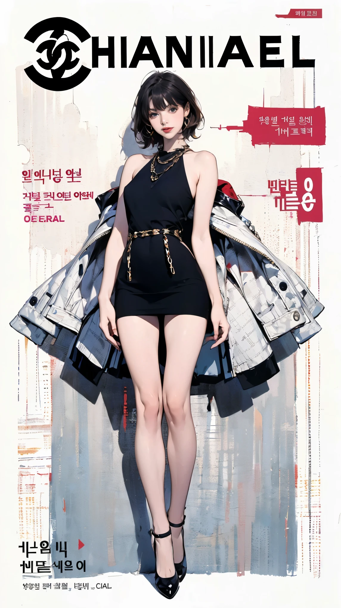 (masterpiece:1,2, best quality), (magazine cover), (colorful Magazine cover abundant with text), vibrant, eye-catching paintings, Comic cover style, glamorous, enticing, stylish, chic, high-fashion, captivating, elegant, trendy, fashionable, radiant, attention-grabbing, dazzling, sophisticated, stunning, dramatic, bold, Featured is Jin Ae, a graceful figure from Seoul, South Korea, ((who embodies the essence of classic elegance and charm)), (((She boasts a stature, standing at 1.60 meters and weighing around 50 kilograms, epitomizing the quintessential Korean beauty))), (Her hair is jet black, styled in a simple yet sophisticated cut), (Her eyes are a warm brown), ((and a fair complexion)), accentuated by minimal, natural makeup, (((She is wearing an elegant CocoChanel mini black dress under Vintage Chanel Jacket in White Tweed with Black trim))), She is portrayed posing gracefully in her outfit, (exceptionally detailed:1.3), ,, super finely detailed hands, ultra finely detailed fingers(((ten fingers))), (posing elegantly), (full body showcase), (show full body).