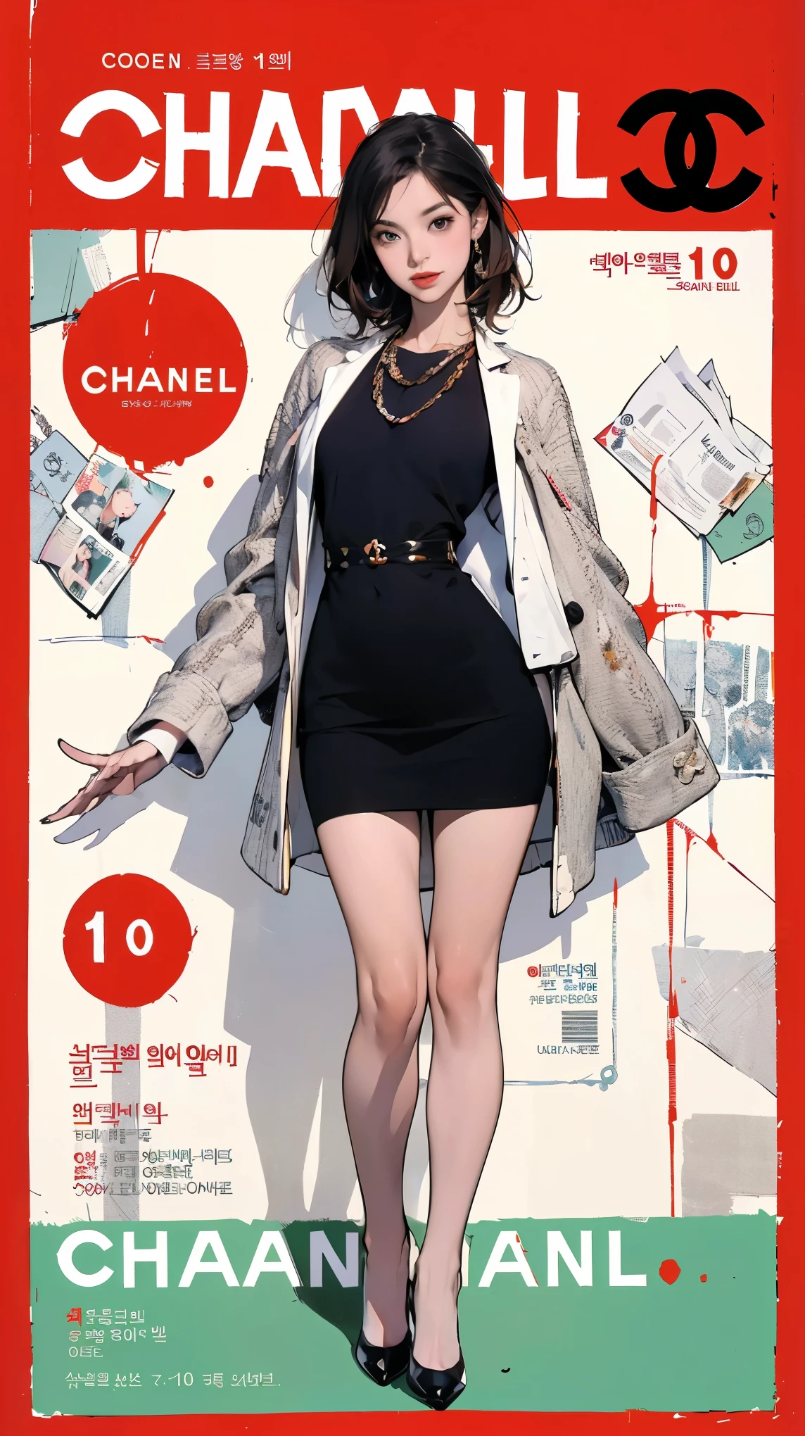 (masterpiece:1,2, best quality), (magazine cover), (colorful Magazine cover abundant with text), vibrant, eye-catching paintings, Comic cover style, glamorous, enticing, stylish, chic, high-fashion, captivating, elegant, trendy, fashionable, radiant, attention-grabbing, dazzling, sophisticated, stunning, dramatic, bold, Featured is Jin Ae, a graceful figure from Seoul, South Korea, ((who embodies the essence of classic elegance and charm)), (((She boasts a stature, standing at 1.60 meters and weighing around 50 kilograms, epitomizing the quintessential Korean beauty))), (Her hair is jet black, styled in a simple yet sophisticated cut), (Her eyes are a warm brown), ((and a fair complexion)), accentuated by minimal, natural makeup, (((She is wearing an elegant CocoChanel mini black dress under Vintage Chanel Jacket in White Tweed with Black trim))), She is portrayed posing gracefully in her outfit, (exceptionally detailed:1.3), ,, super finely detailed hands, ultra finely detailed fingers(((ten fingers))), (posing elegantly), (full body showcase), (show full body).